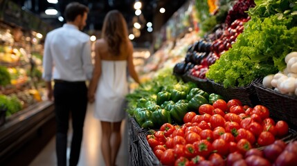 Colorful vegetable display in grocery store, blurred customers browsing produce section, showcasing fresh organic selection with natural shopping ambiance