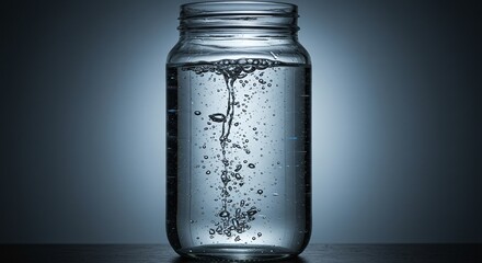 Clear Glass Jar Filled with Water and Bubbles on Dark Background