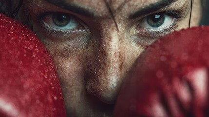 Confident female boxer in close-up, intense expression, sweat on face and red gloves, dramatic cinematic lighting, dynamic action in boxing ring.