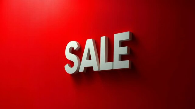 White block SALE letters in bold font with shadows on vibrant red background, representing a modern concept of retail discount or shopping offer