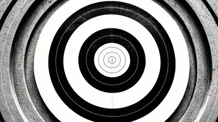 Concentric black and white circular rings with grunge texture on a rough concrete surface, creating an abstract optical illusion concept - Powered by Adobe