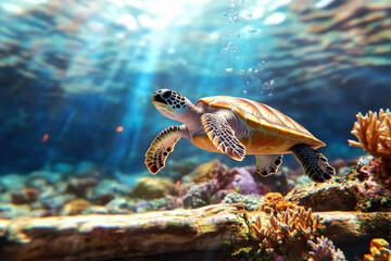 Naklejka premium Sea Turtle Swimming above Vibrant Coral Reef in Crystal Waters