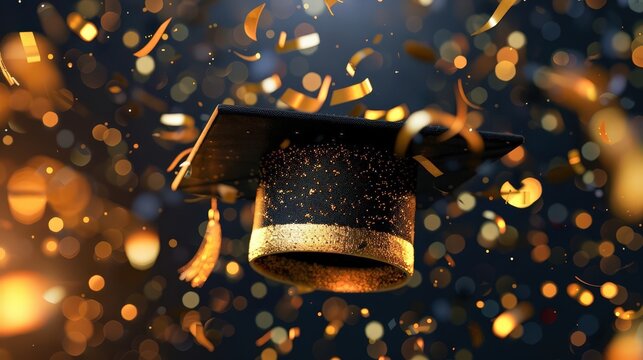 abstract graduation hat throwing confetti gold and black on hat .