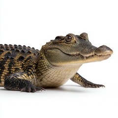 Naklejka premium Detailed young alligator or caiman close-up portrait showing textured scales and sharp teeth against clean white background for wildlife education or conservation awareness with free copy space