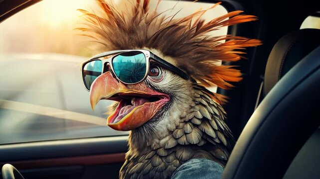 Cool Parrot in Car: A stylish parrot with a mohawk and sunglasses sits in a car, enjoying the ride. The sunset adds a dramatic flair. 