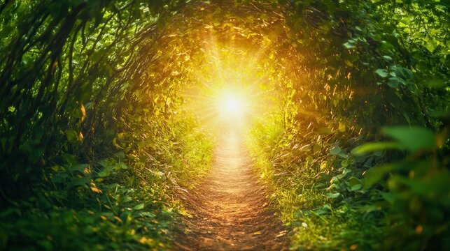 abstract light tunnel formed by business keywords and AI terms leading to a bright future