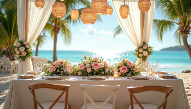 Tropical wedding reception table elegantly set on the beach with floral centerpieces and ocean view, celebration of love and fresh beginnings.