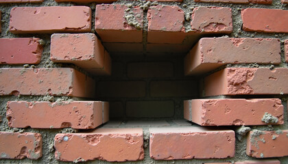 Brick wall with missing bricks creating a rectangular opening  