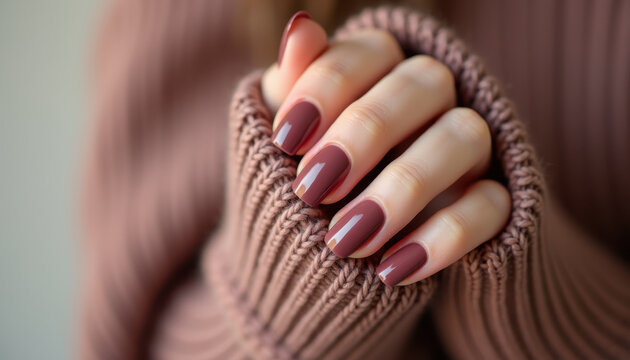 Close-up of perfectly manicured mauve nails emerging from a cozy ribbed knit sweater, warmth and elegance concept.