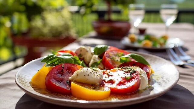 Fresh caprese salad with sliced tomatoes, mozzarella, and basil on a white plate.
