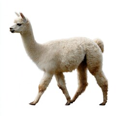 Fototapeta premium Elegant white alpaca walking in profile view against clean white background, stylized artistic rendering for wildlife photography or textile industry free copy space for text