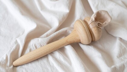 Wooden Toy with Fabric Knot on White Cotton Fabric in Neutral Background