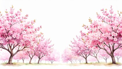 Fototapeta premium Watercolor Painting of Pink Cherry Blossom Trees in Full Bloom in Spring