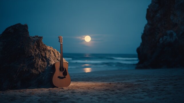 full moon night on beach with acoustic guitar by ocean and rock