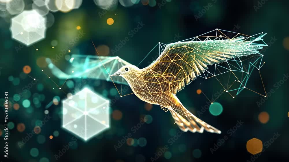 Poster digital bird imagery: an ethereal digital artwork of a bird in flight, its form composed of intercon