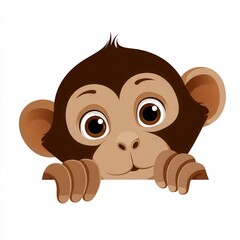Curious cartoon monkey character peeking over edge with big brown eyes and playful expression, perfect for children's books or educational materials with free copy space for text