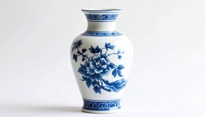 Elegant White Ceramic Vase with Blue Floral Pattern against a White Background