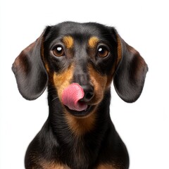 Playful dachshund dog with pink tongue licking nose against white background, adorable miniature black and tan wiener dog portrait with expressive brown eyes for pet care advertising