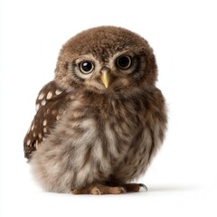 Obraz premium Curious little brown owl with large round eyes perched against white background, perfect for wildlife education or nature conservation advertising with free copy space