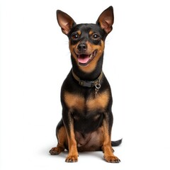 Obraz premium Happy Miniature Pinscher dog sitting upright with alert ears and smiling expression wearing collar against white background for pet photography or veterinary advertising free copy space