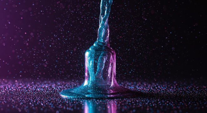 Violet Blue Liquid Splash with Glittering Particles Under Dark Background