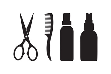 Black silhouettes of hairdressing tools and spray bottles on white background