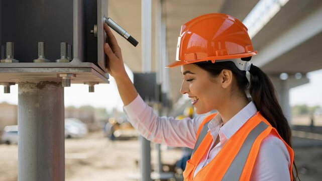 Woman engineer inspecting building structure at construction site with protective hard hat and waistcoat, footage