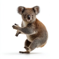 Fototapeta premium Curious koala bear posing with paw extended against clean white background, Australian wildlife conservation photography with free copy space for text