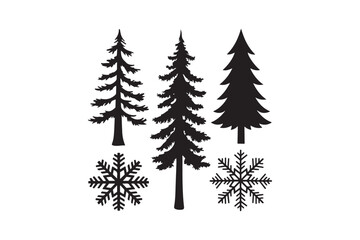 Silhouette of pine trees and snowflakes on a white background