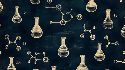 A repeating pattern of hand-drawn beakers and molecular structures on a dark blue background.