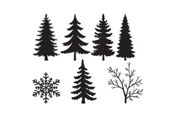 Obraz premium Collection of black silhouettes of pine trees and winter elements
