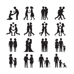 Black silhouette icons show couples and families in loving poses isolated on white background