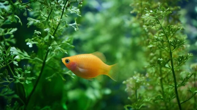 Balloon molly  golden fish swims gracefully swims amidst lush green aquarium plants, creating a serene underwater scene.