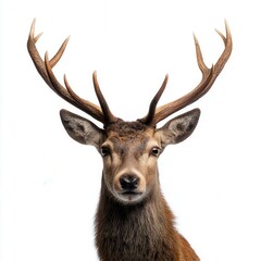 Majestic red deer stag with impressive antlers against clean white background, wildlife portrait showing detailed features of male deer in nature photography with free copy space