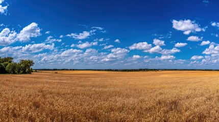 Obraz premium Golden wheat field under a vast blue sky