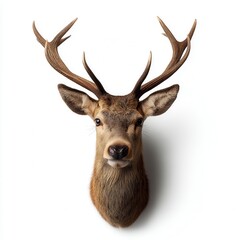 Majestic adult male deer head with impressive antlers mounted on white wall, wildlife trophy displaying natural brown fur and alert expression with free copy space
