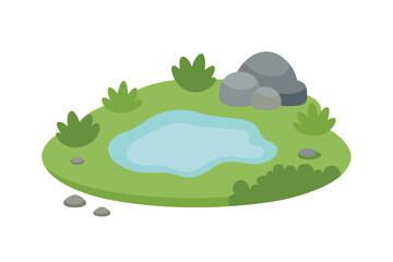 Serene Pond Landscape Illustration Green Grass, Rocks, and Tranquil Water