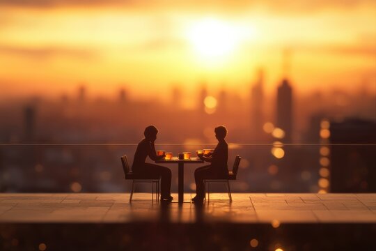 Silhouetted couple enjoys drinks at a rooftop cafe overlooking a city sunset.