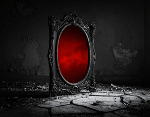 Scary red mirror in grayscale world