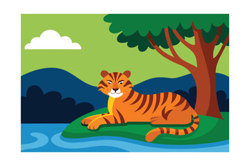 Majestic Tiger Resting by the River A Serene Wildlife Illustration
