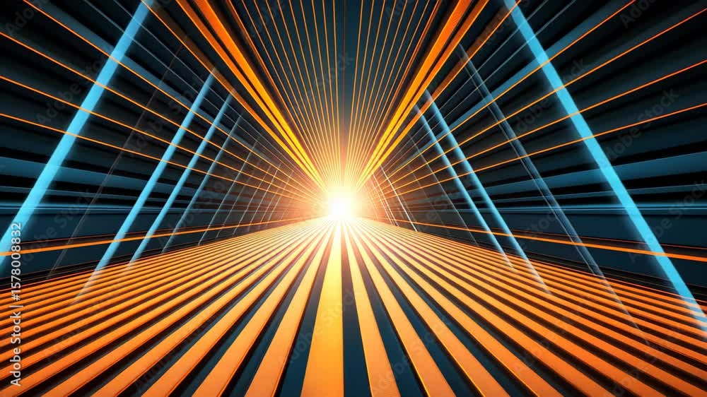 Poster illuminated abstract tunnel: dynamic lines of light converge towards a bright, central point, creati