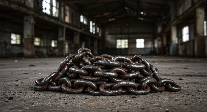 Heavy Metal Chain Pile in Abandoned Industrial Warehouse with Dim Lighting - Powered by Adobe
