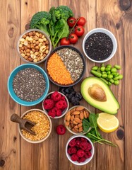 Nutritious Vegan Ingredients on Wooden Surface Overhead Flat Lay Composition