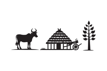 Silhouette of a cow thatched hut on wheels and a stylized tree