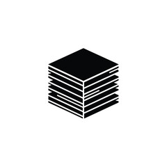 Black isometric graphic of layered square shapes, resembling a stack of items or a building.