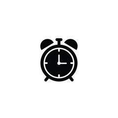 A simple black and white icon of a classic alarm clock, showing the time.