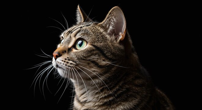 Close-up of a Striped Tabby Cat with Green Eyes on Black Background