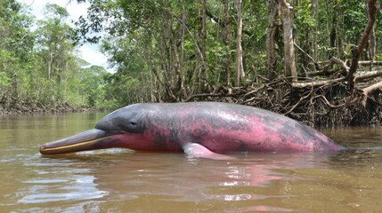 Pink river dolphin in a jungle river