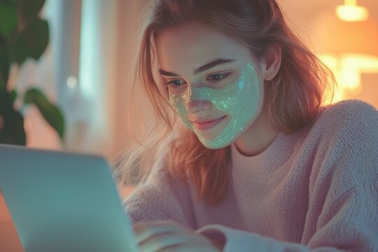 Young woman with a face mask uses a laptop, enjoying self-care while working from home.