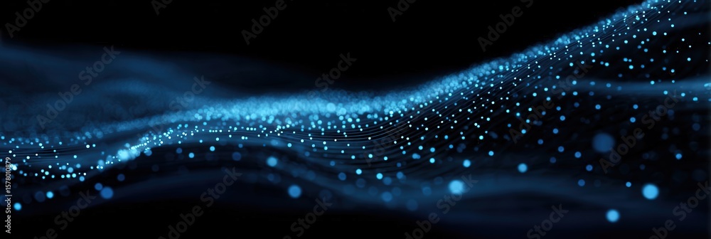 Poster abstract blue background featuring a flowing wave of dots and particles, evoking digital sound waves